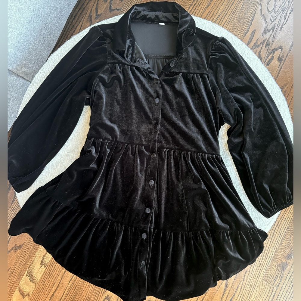 NWOT Black Boutique Smock Dress Crushed Black Velvet Sz Small Button Down V-Neck - Picture 8 of 10